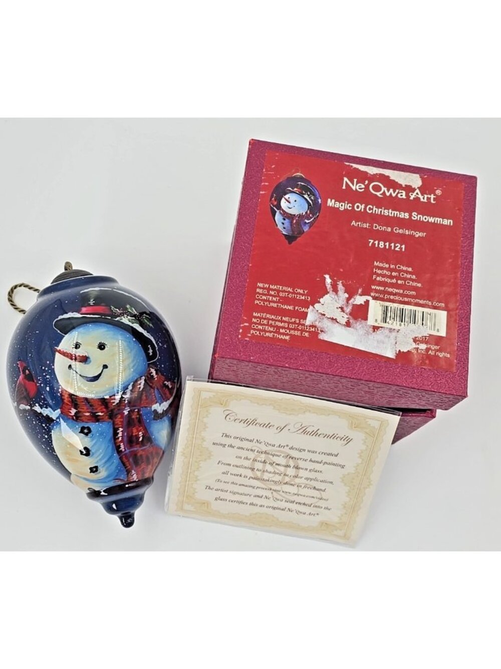 Ne'Qwa Art Hand-Painted Glass Ornament Magic of Christmas Snowman Original Box